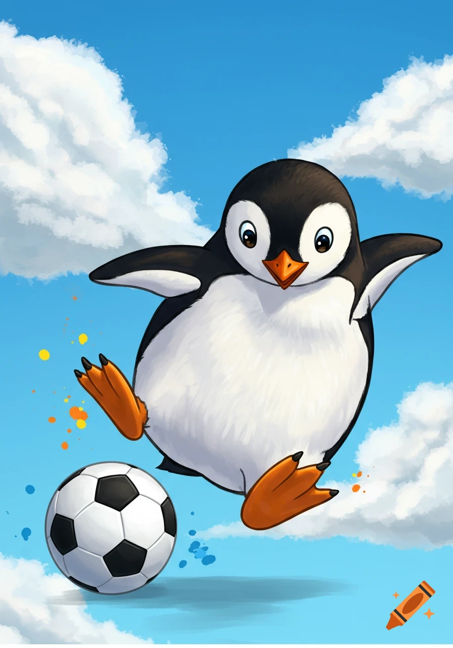 Cartoon penguin kicking a soccer ball in the sky.