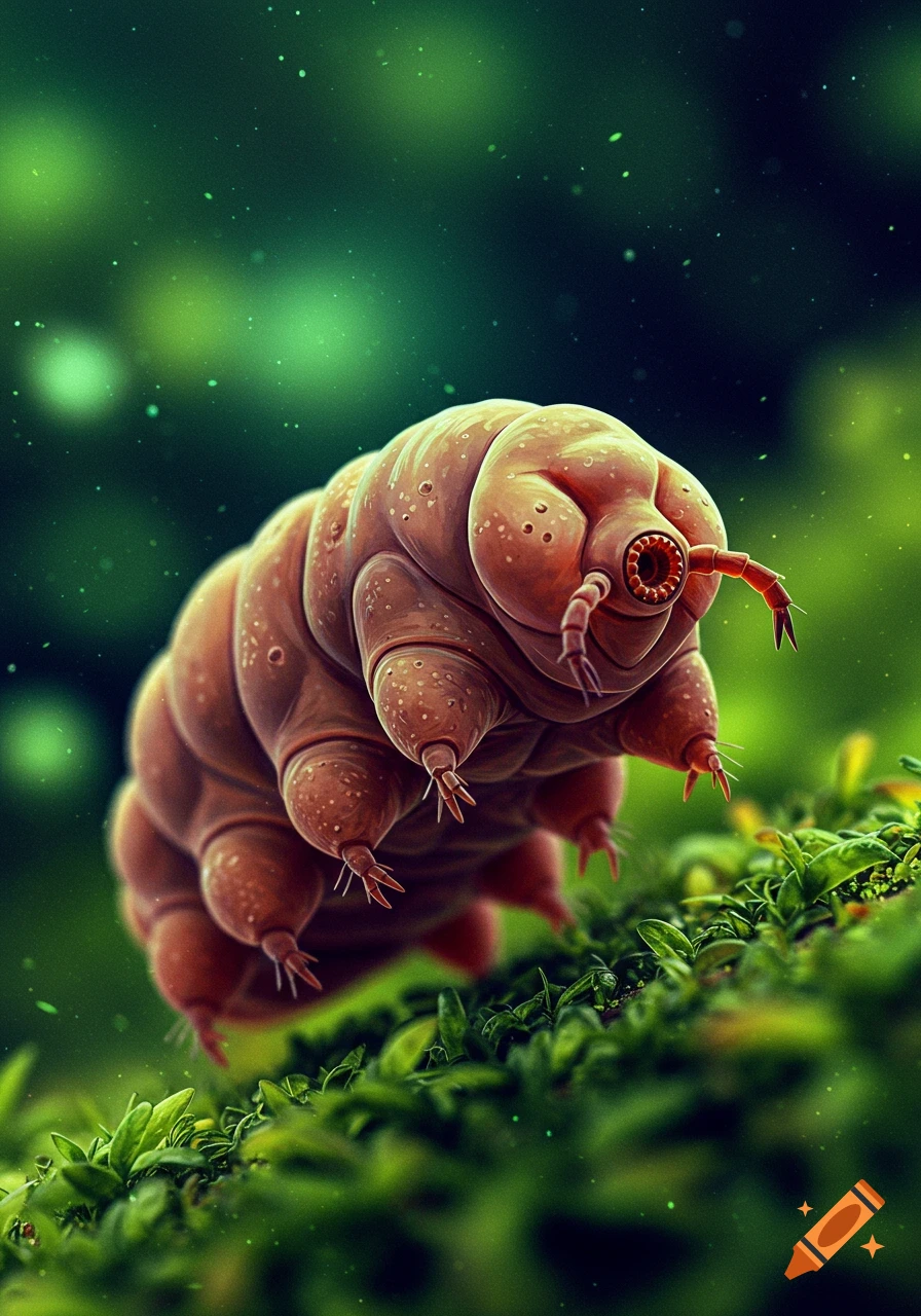 A detailed render of a tardigrade walking on moss.