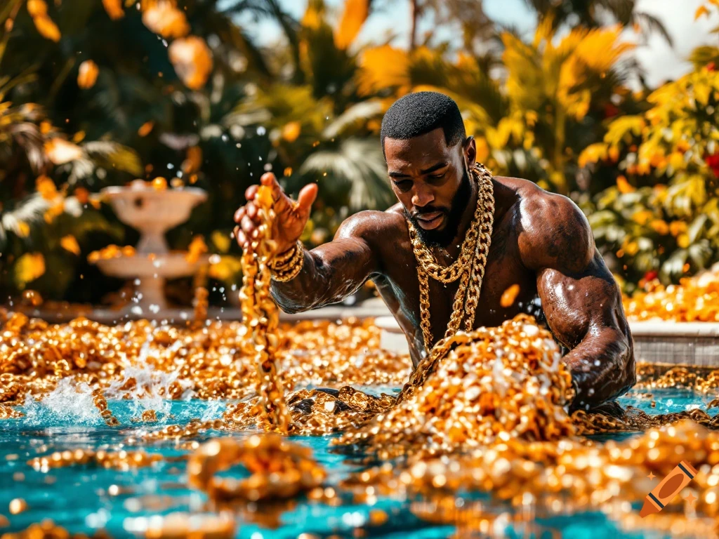 Muscular man with gold chains sits in a pool overflowing with gold, scattering chains.