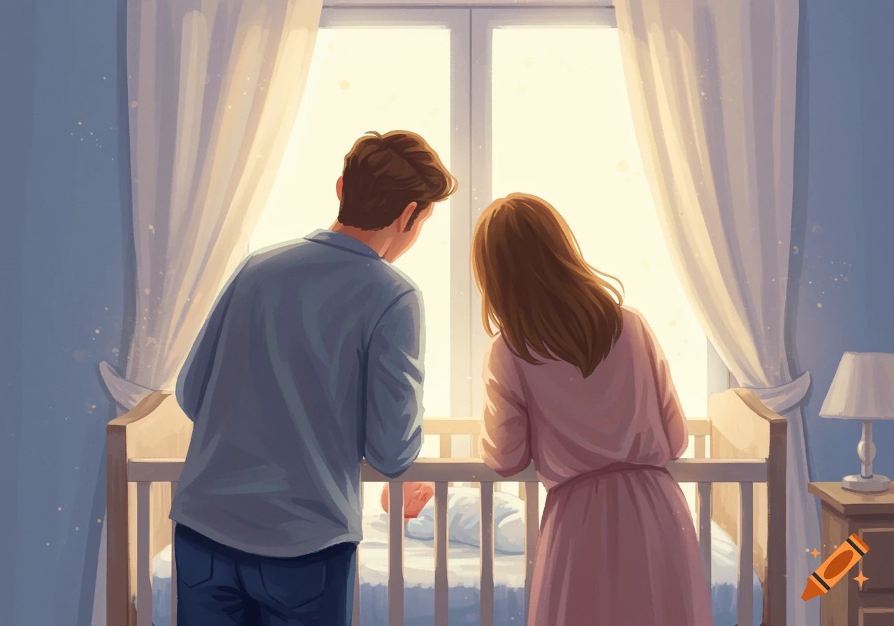 Illustration of parents looking down into a baby's crib.