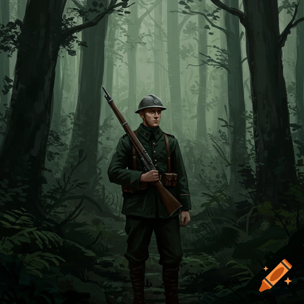 A soldier stands in a misty forest with a rifle.