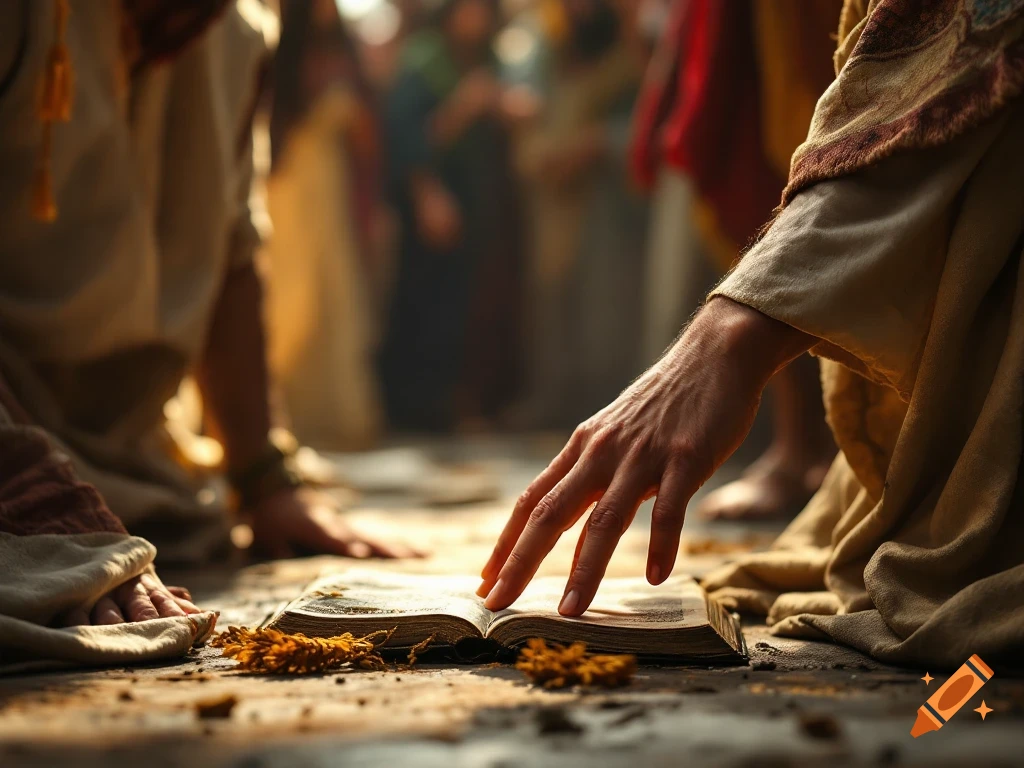 Hand reaching towards a book on the ground in a historical scene.