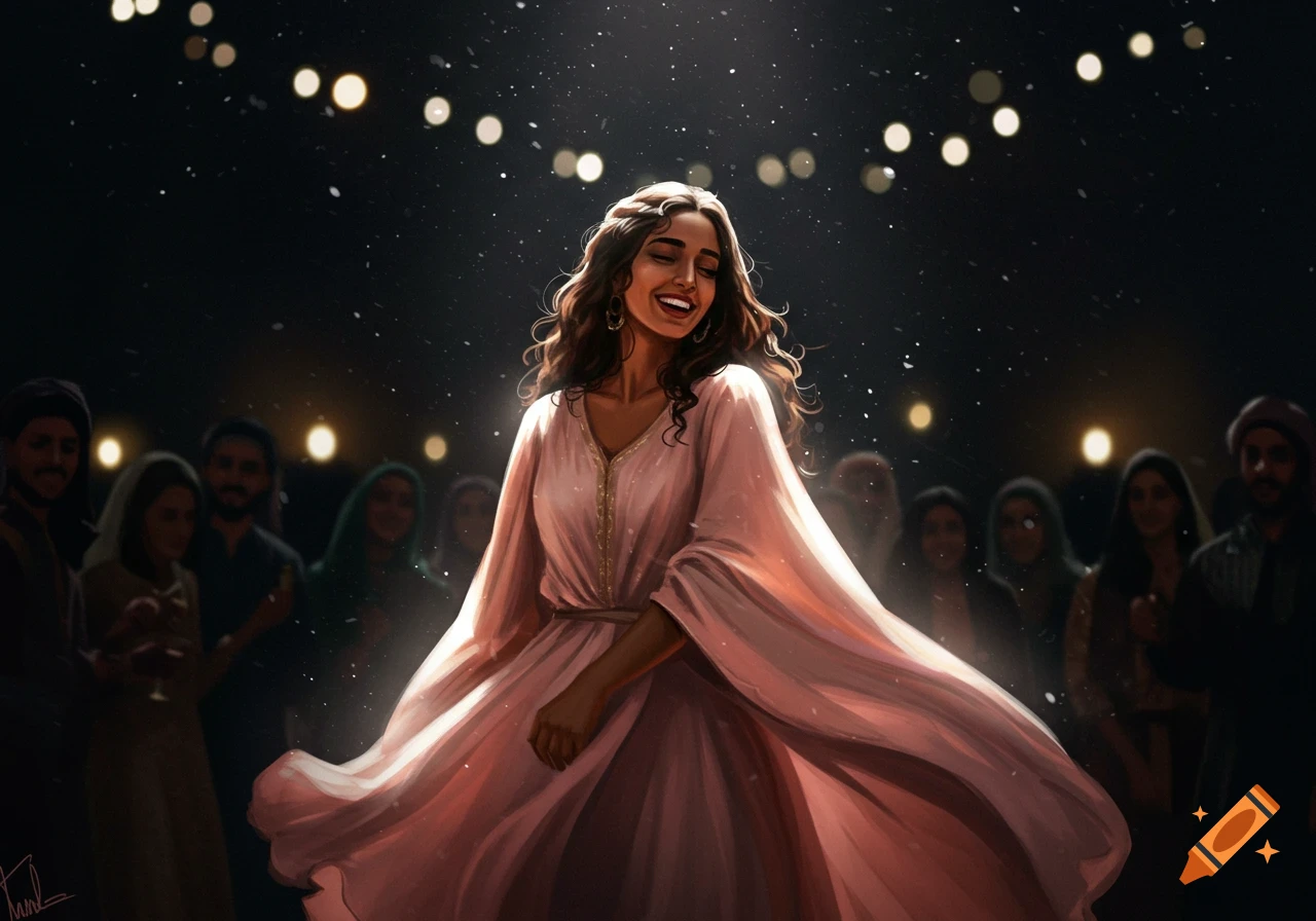 An illustration of a woman in a pink dress dancing in the dark with lights and people in the background.