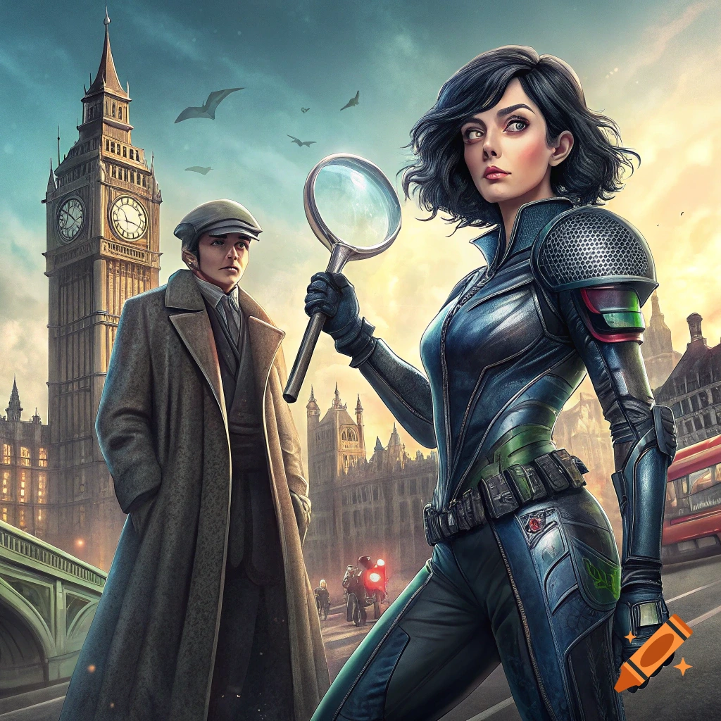 Two characters, one in trench coat with magnifying glass, other in armor, in front of Big Ben, London.