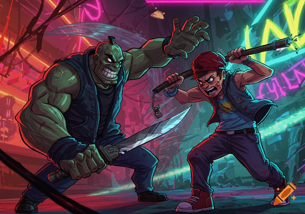 Cartoon illustration of a large green figure fighting a smaller figure with a staff in a cyberpunk city.