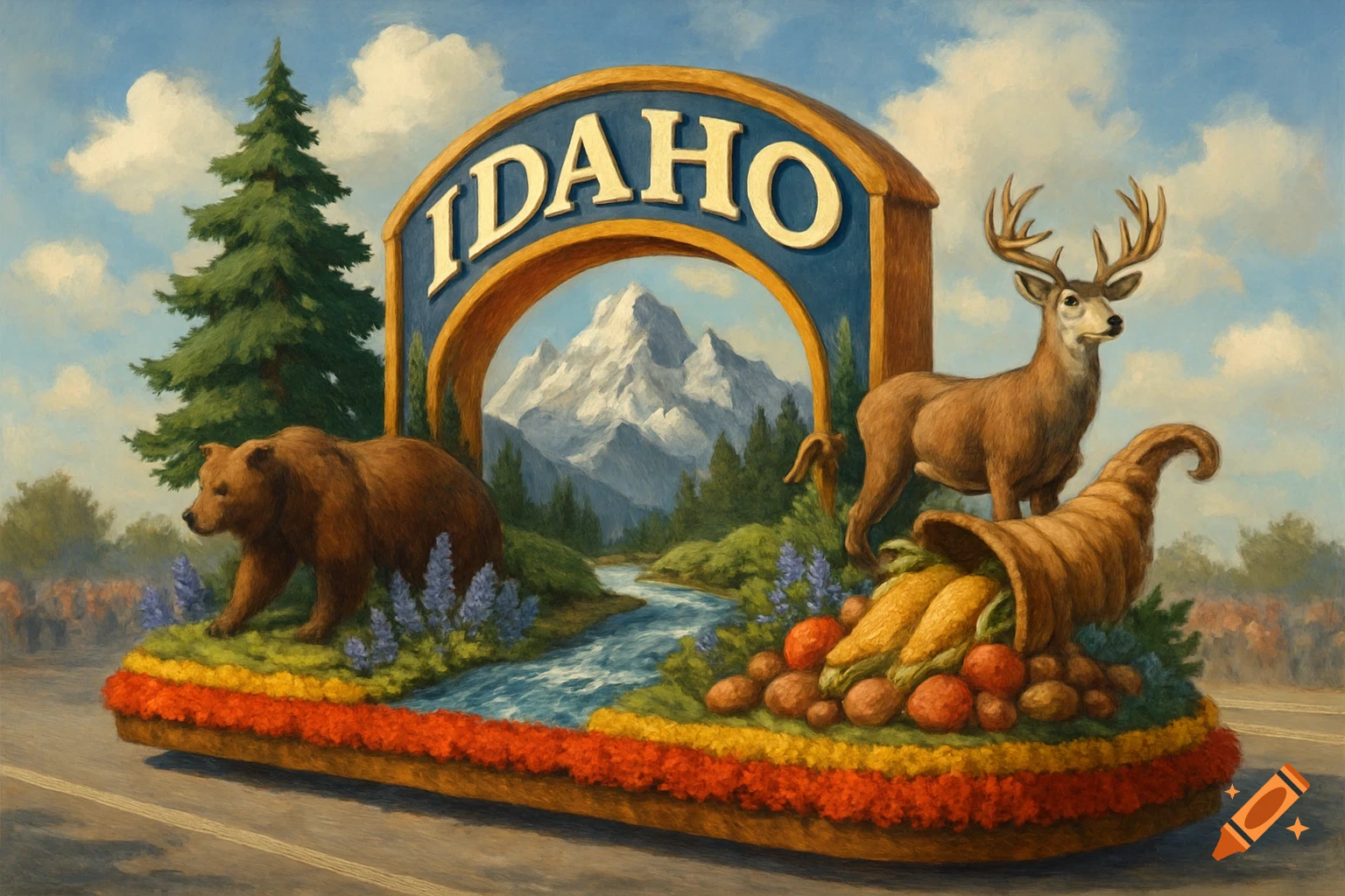 Painting of a parade float for Idaho with a bear, deer, mountains, and a cornucopia.