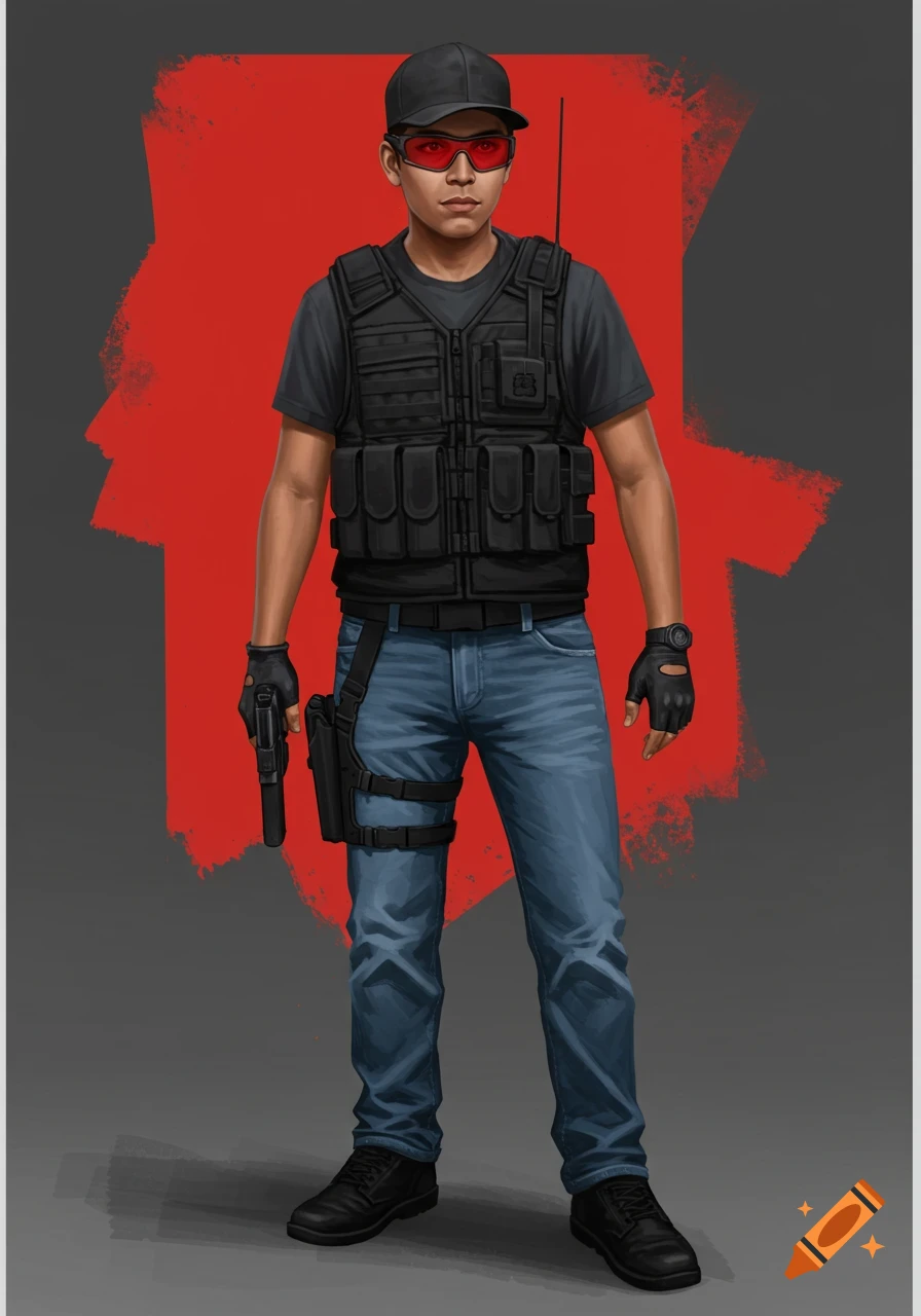 An illustration of a person in tactical gear holding a pistol against a red background.