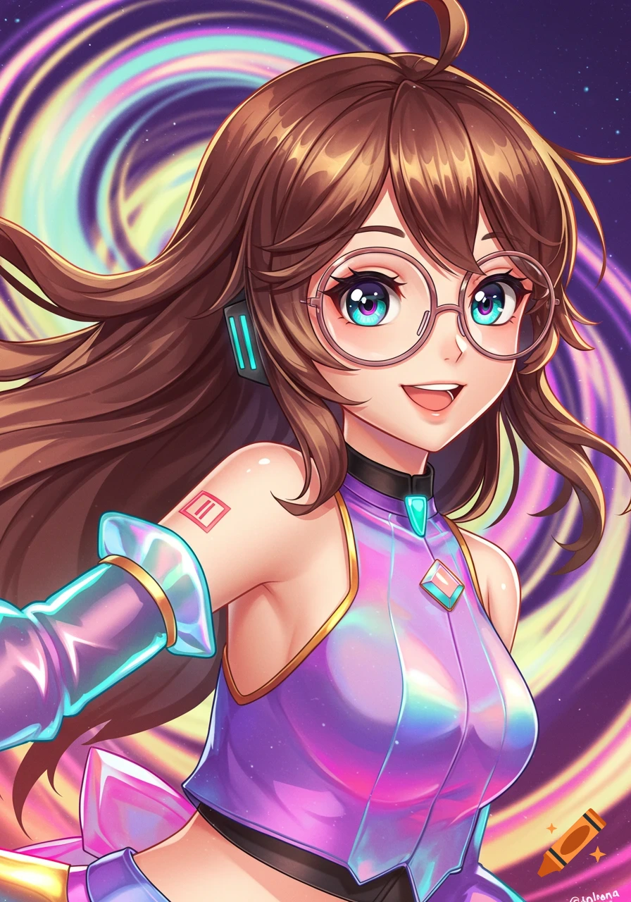 Anime portrait of a girl with glasses and brown hair in a futuristic outfit against a swirling colorful background.