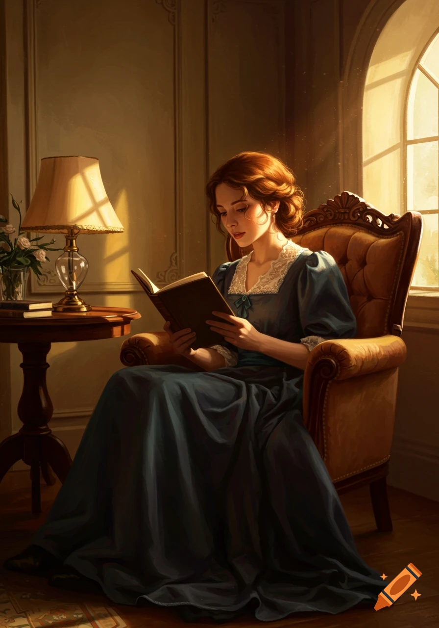 Vintage painting of a woman reading a book in a chair by a window. on ...