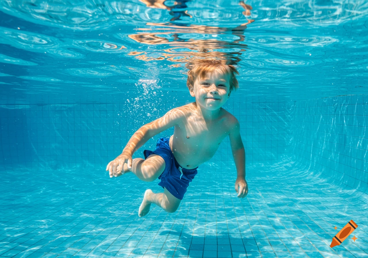 Young boy swimming underwater in a pool, looking at the camera.
