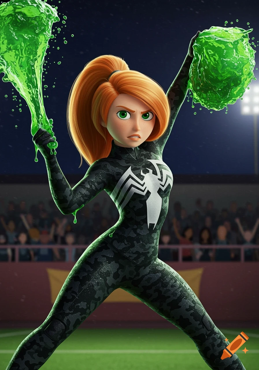 Cartoon character in a Venom suit cheerleading with green slime pom-poms in a stadium.