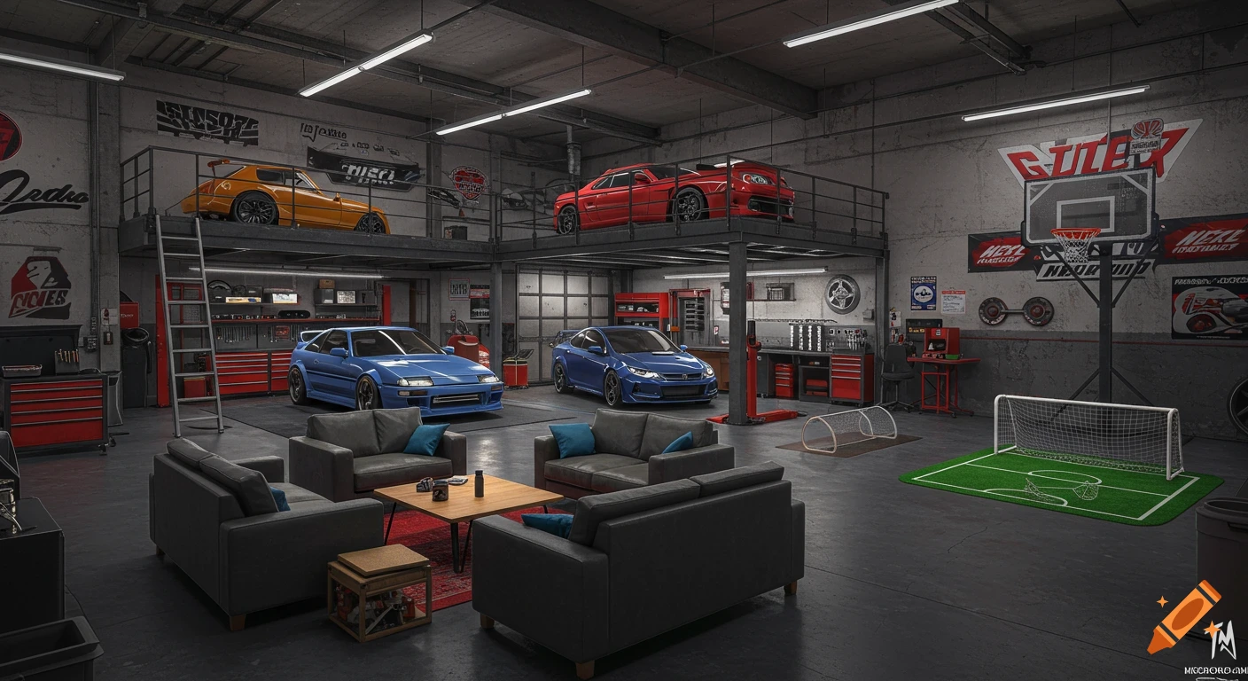 Detailed interior of a multi-level garage with cars, seating, tools, a basketball hoop, and soccer goals.