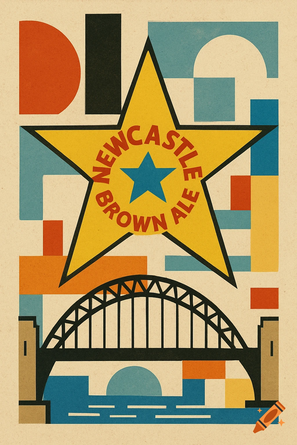 Bauhaus style poster for Newcastle Brown Ale with a star and the Tyne Bridge