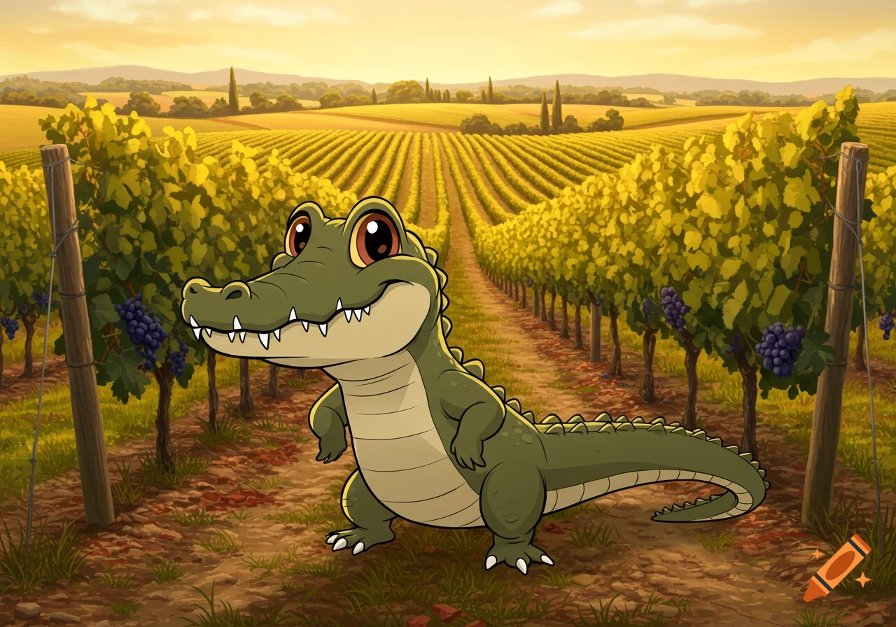 A cute cartoon alligator stands in a vineyard.