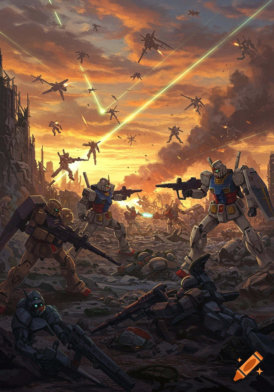 Giant mecha battle in a ruined city at sunset, anime style illustration.