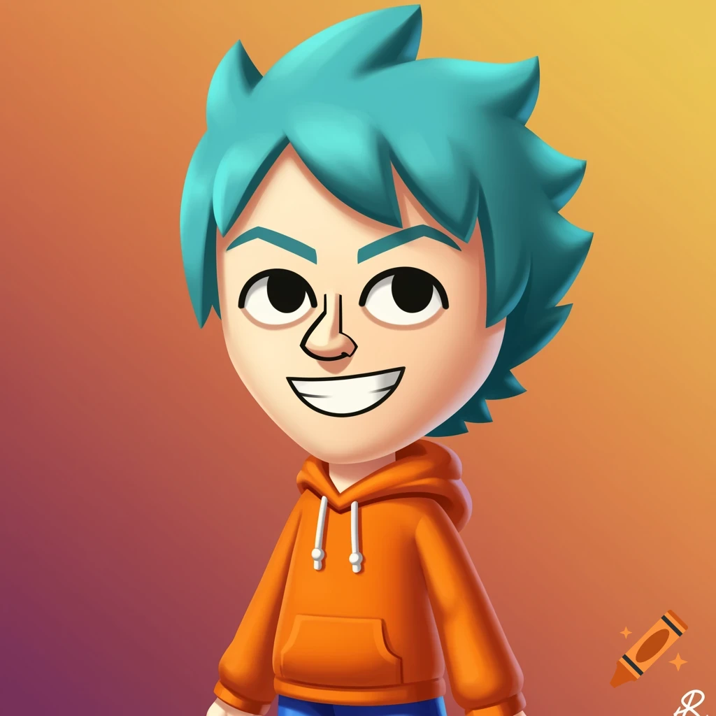 A smiling cartoon male character with teal hair wears an orange hoodie against a warm gradient background.
