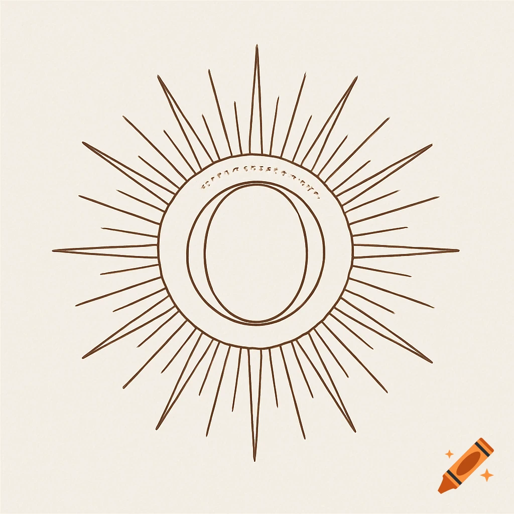 A fine line drawing in a boho style of a sun symbol with the letter O in the center and rays extending outwards.