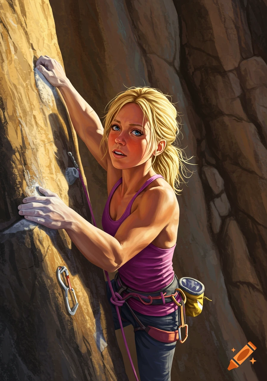 Blonde woman climbs a rock face, looking down. Digital painting.