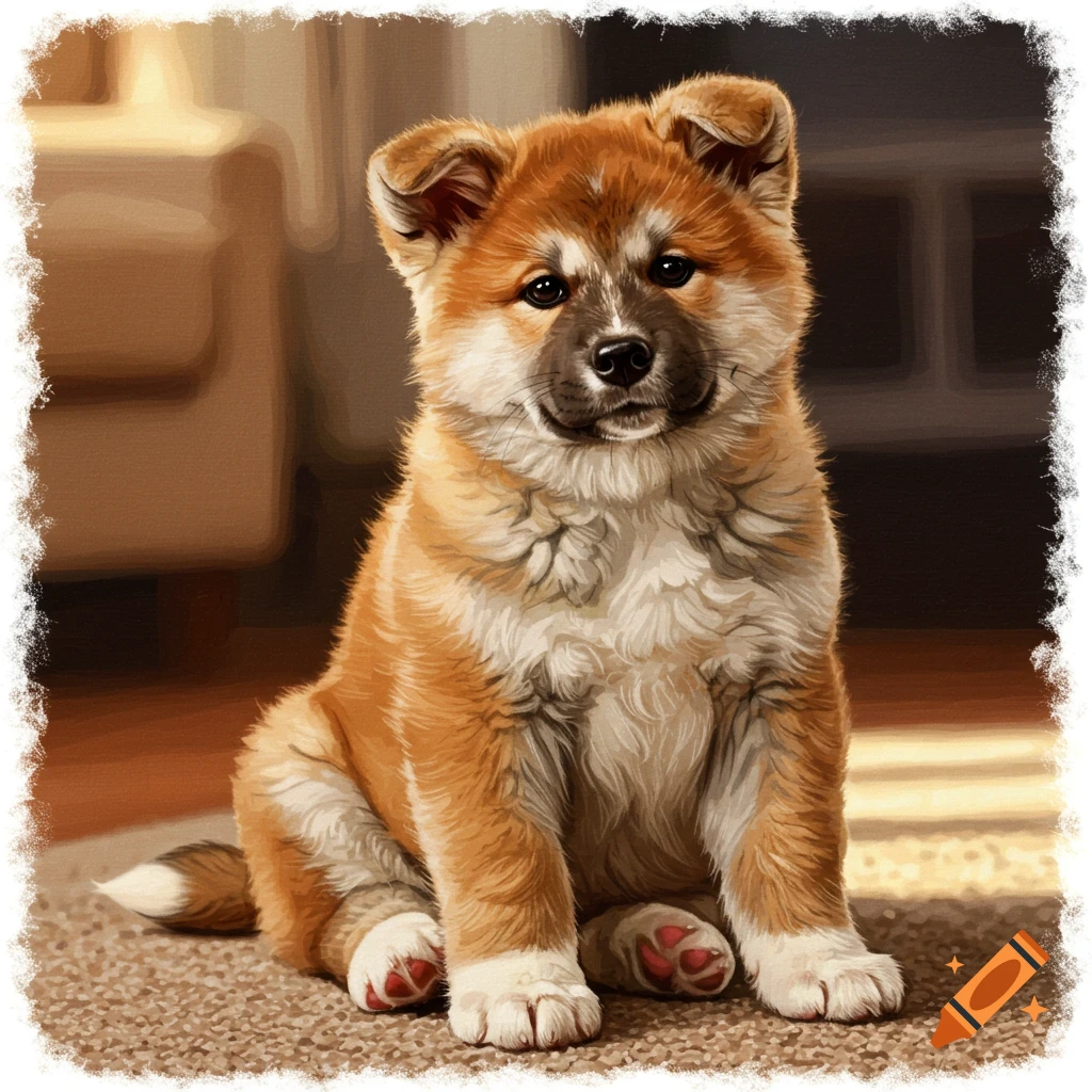 Digital painting of a cute Akita puppy sitting on a rug, looking forward.