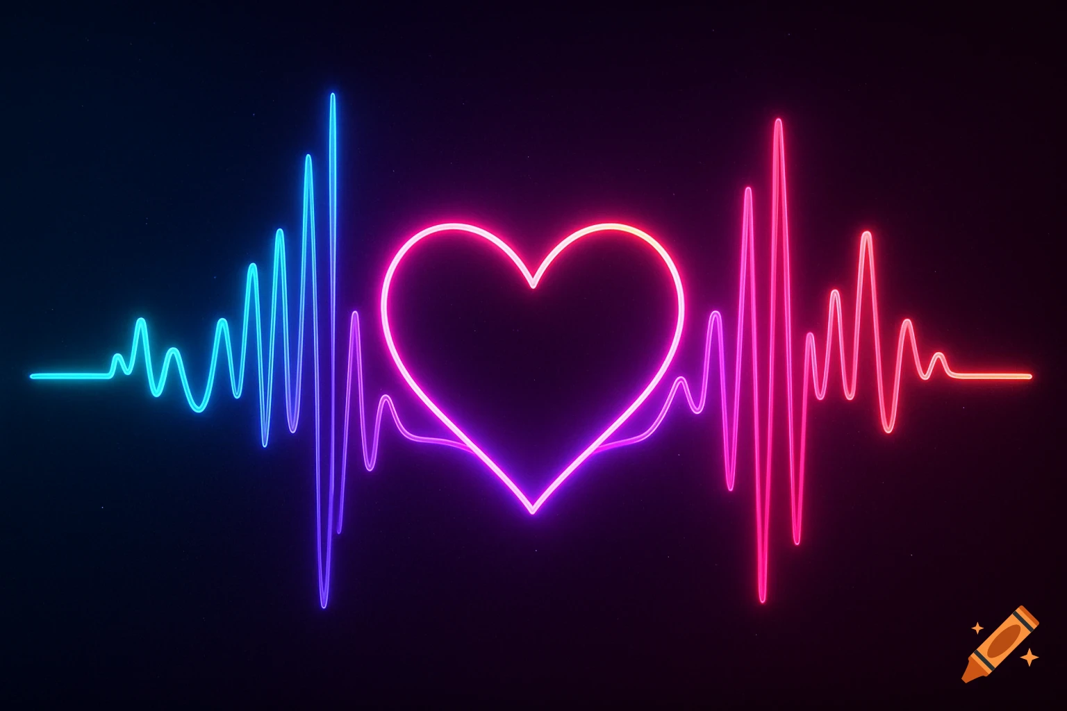 Neon heart and pulse lines on a dark background.