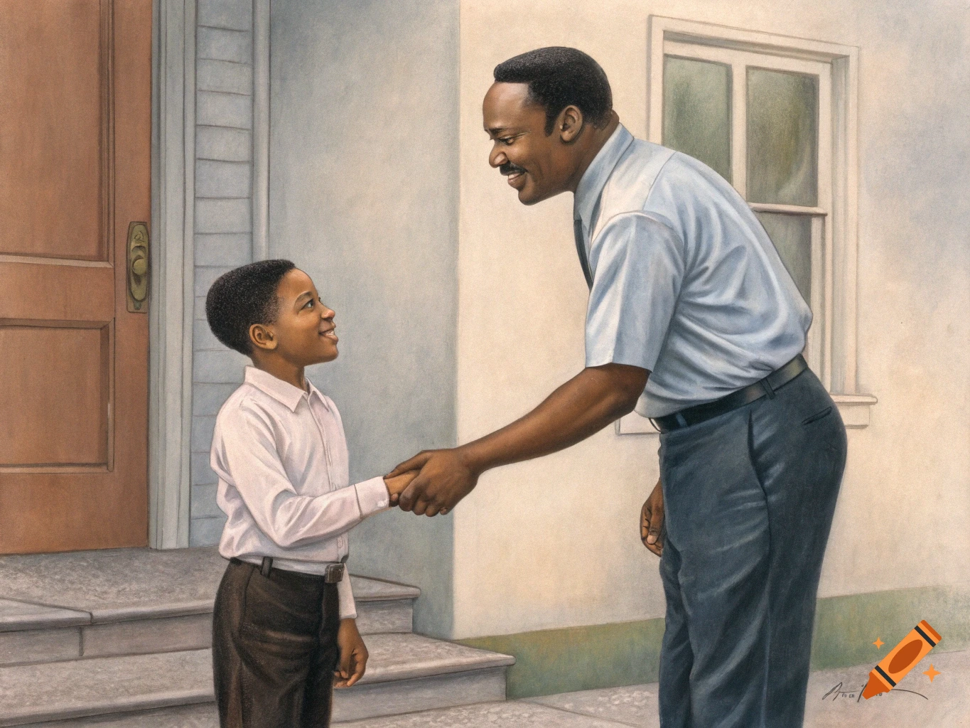 An illustration of a man and a young boy shaking hands outside a building.