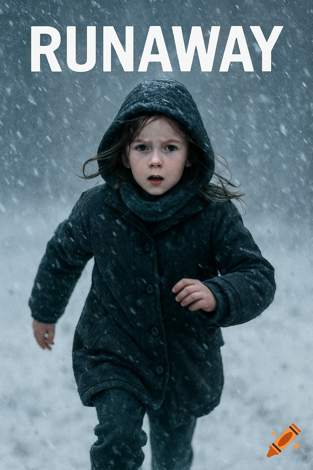 Young girl in a coat running through a snowstorm with the text 'RUNAWAY'