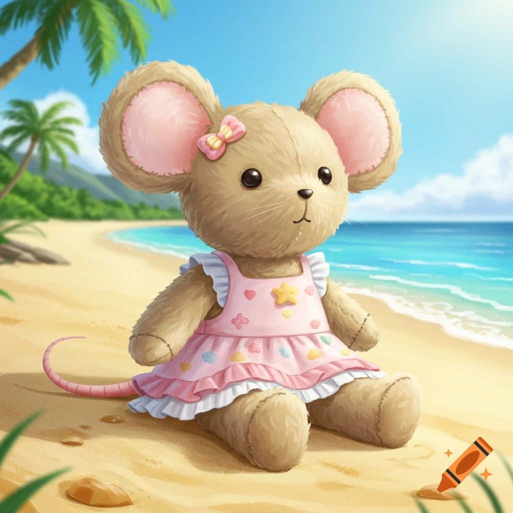 Plush mouse in a pink dress sitting on a beach.