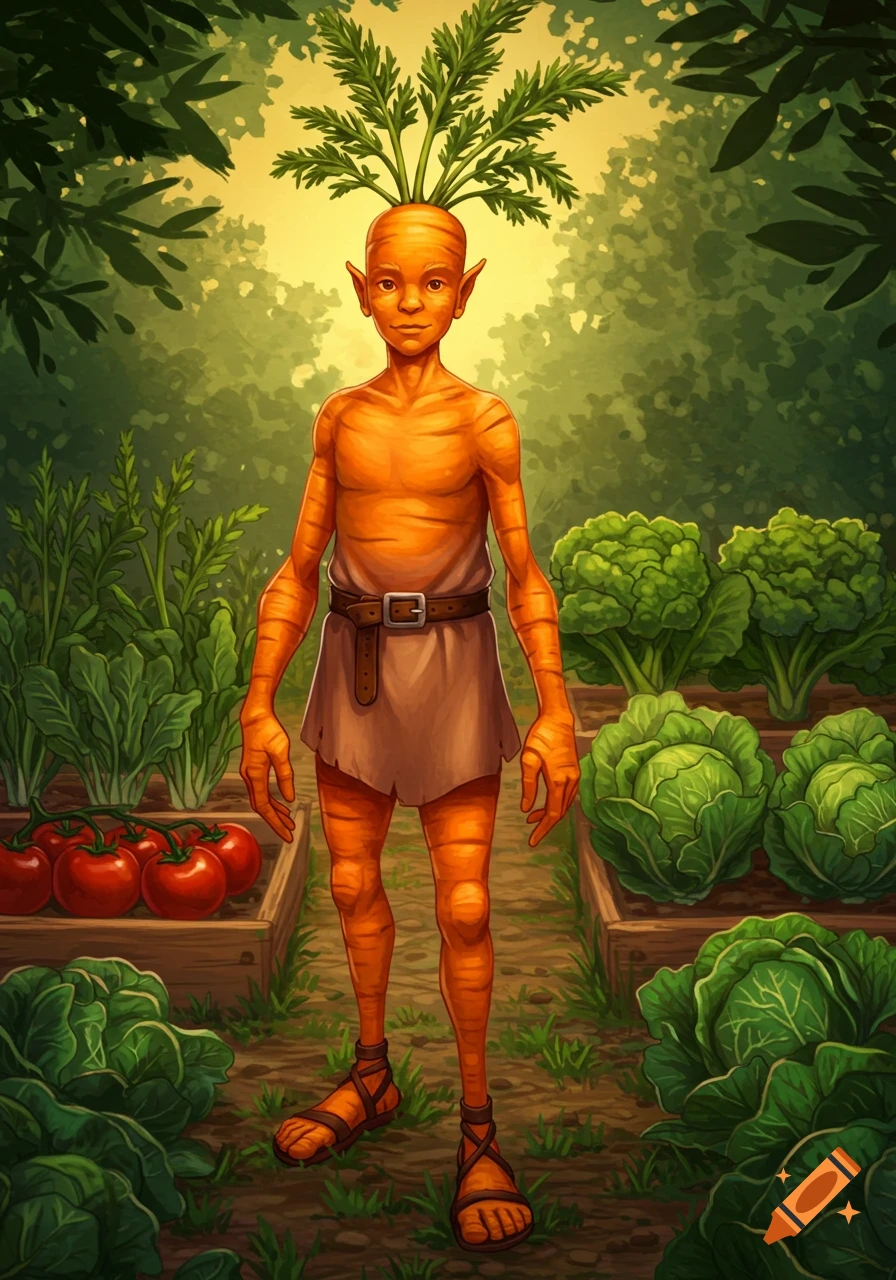 A person with a carrot body and leaves for hair stands in a vegetable garden.