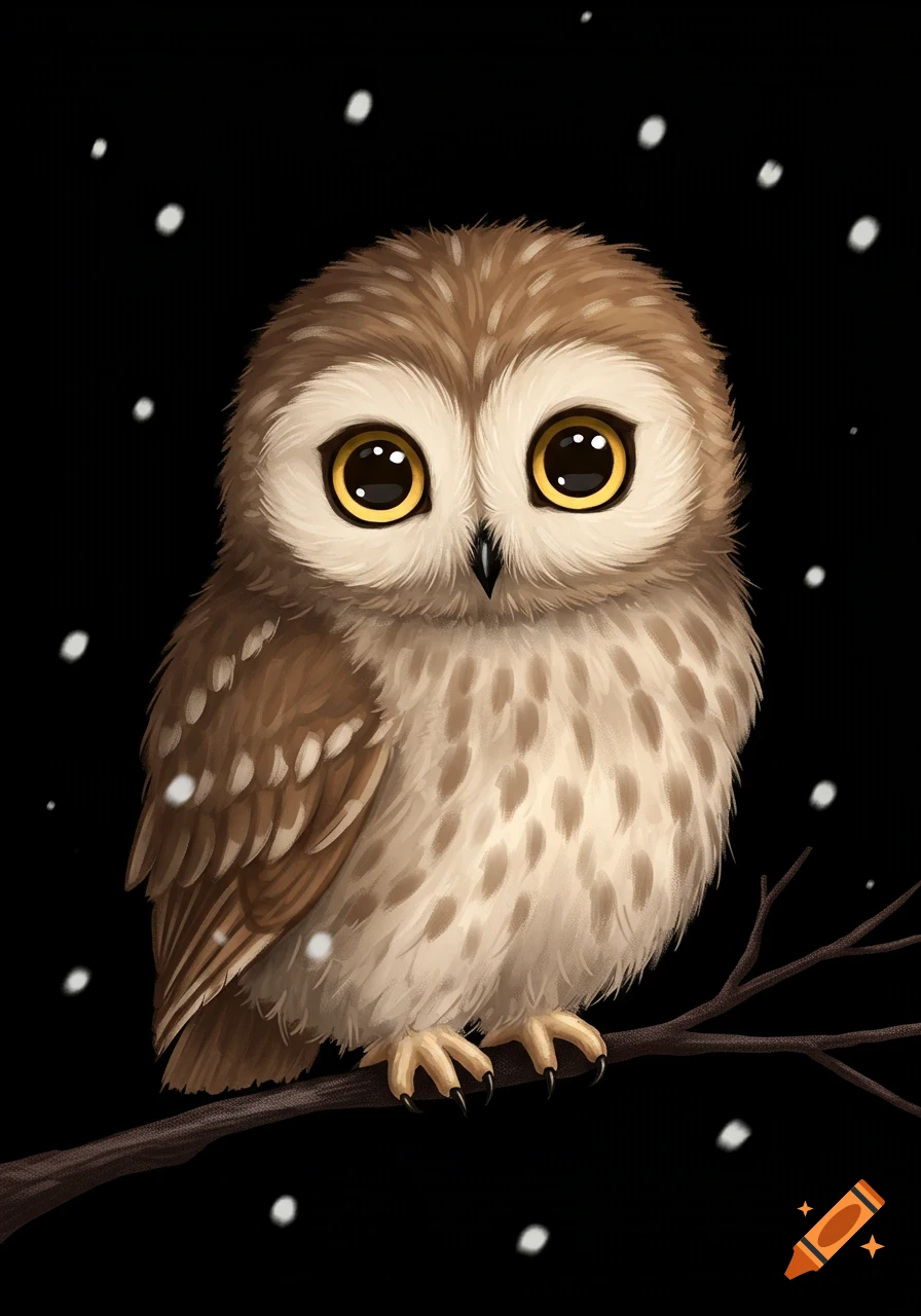A cute illustrated owl on a branch with snowflakes on a black background.