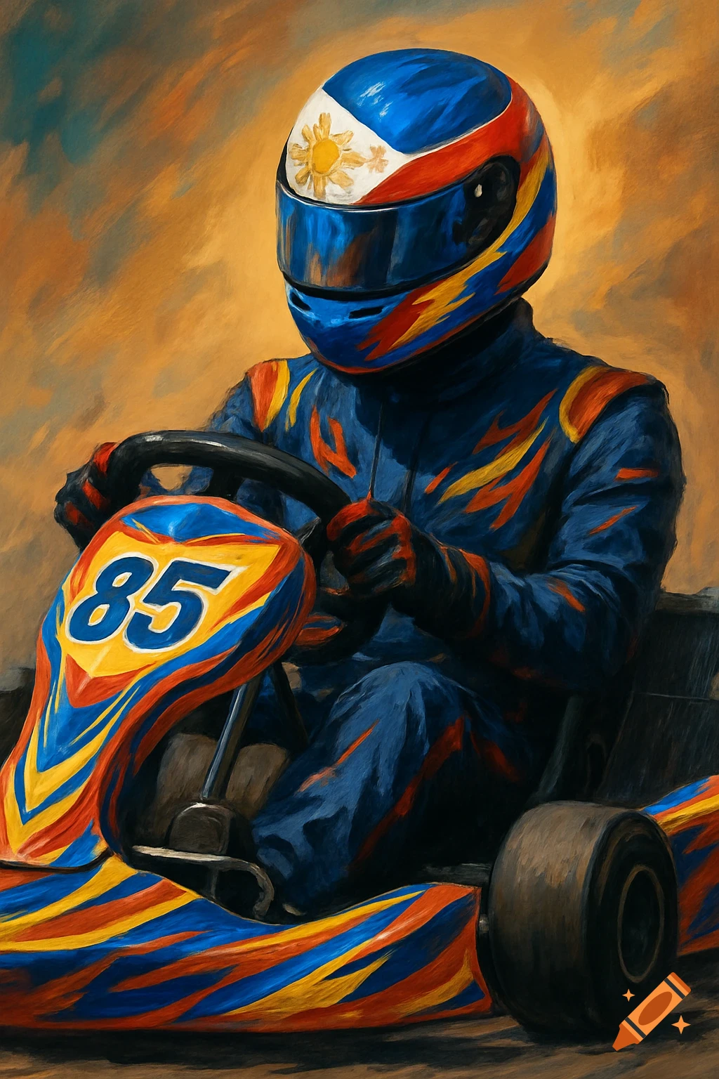 Painting of a go-kart driver with a Philippines flag helmet and number 85 on the kart.