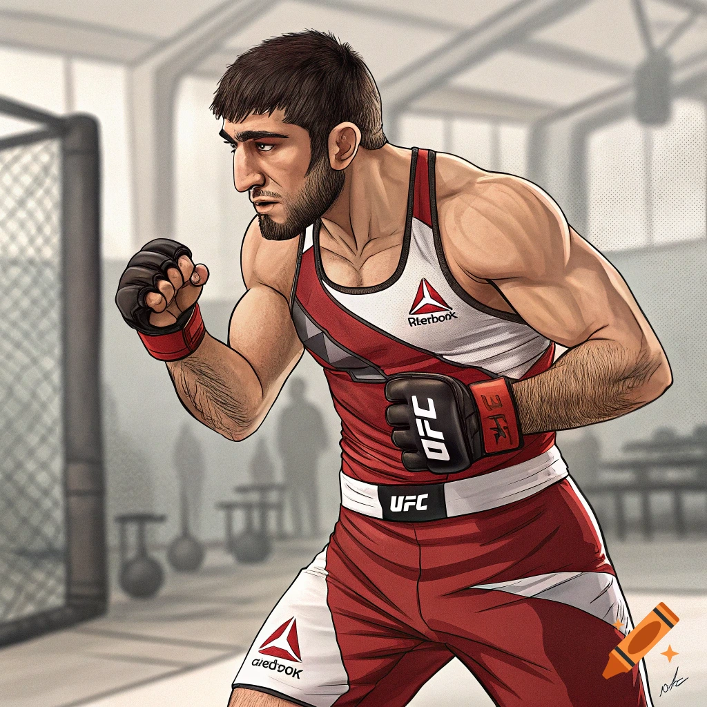 Illustration of a male fighter in a red and white uniform posing in a gym.