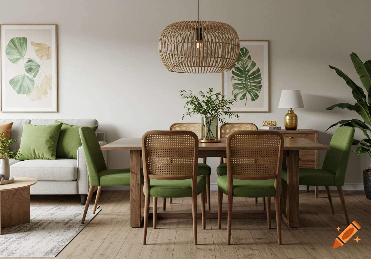 A dining area with a wooden table and rattan chairs, adjacent to a living area with a grey sofa and green pillows. Wall art and plants decorate the space.