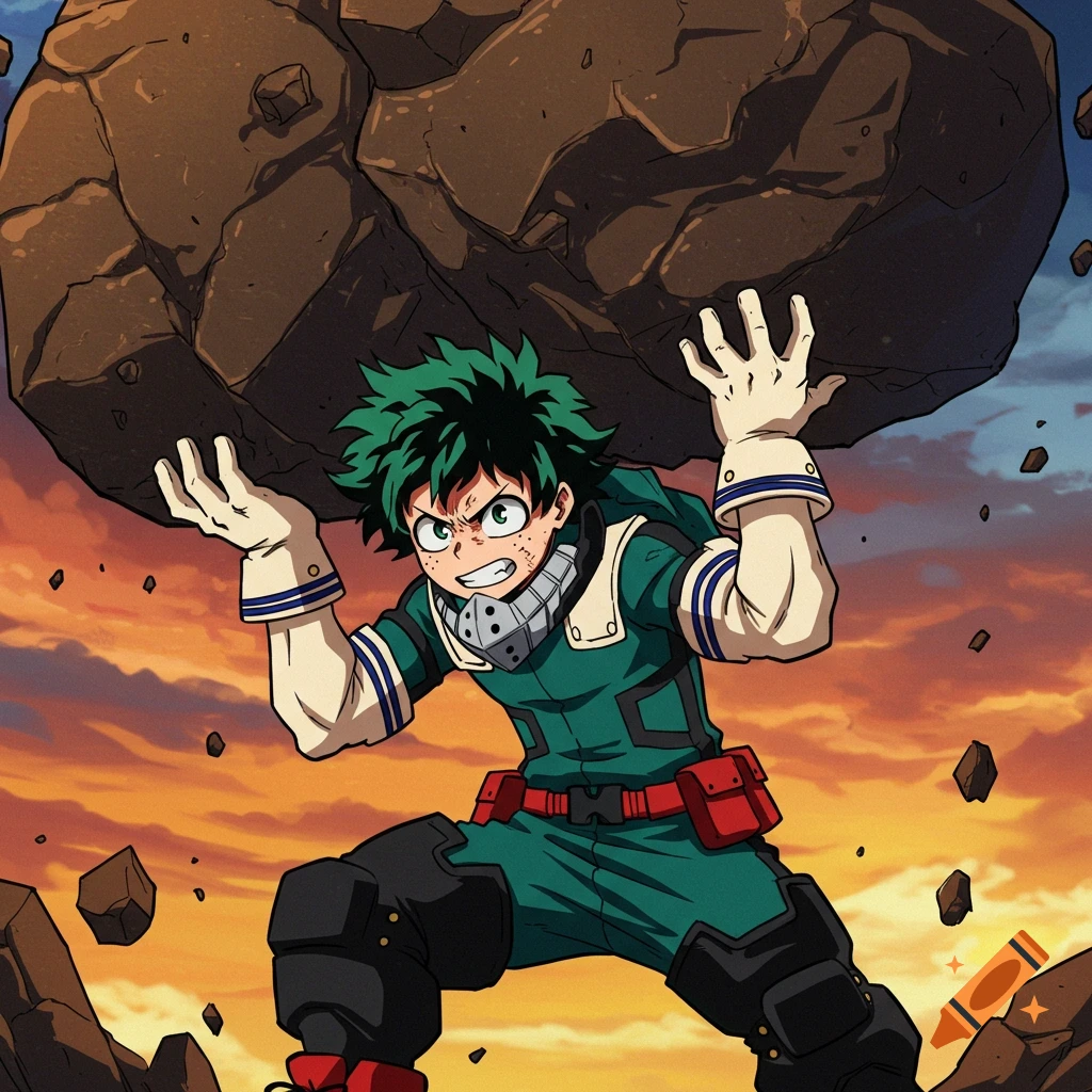Izuku Midoriya lifts a large rock overhead like Atlas in anime style against a sunset.