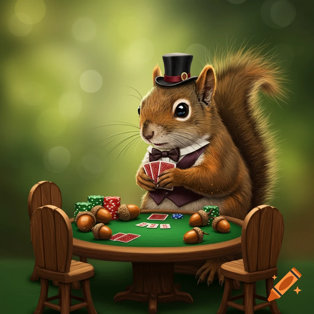 A squirrel in a top hat and vest plays poker at a table with chips and acorns.