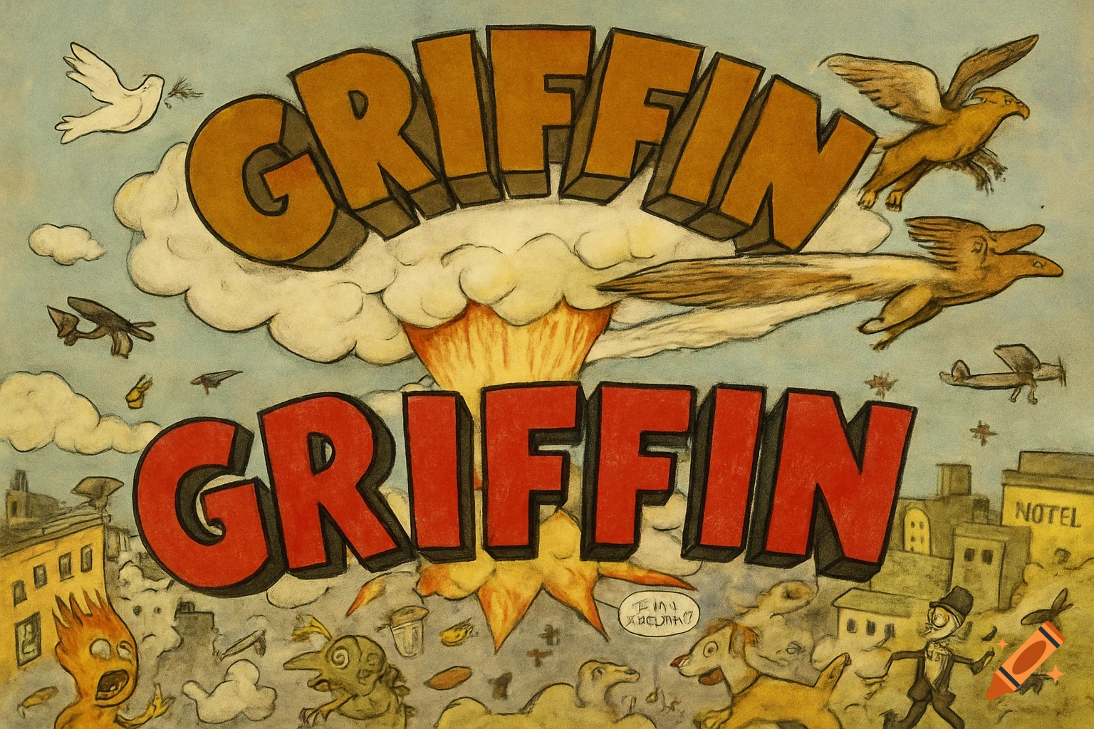 Cartoon style image with large text 'GRIFFIN', griffins flying, characters, planes, and an explosion over a city.