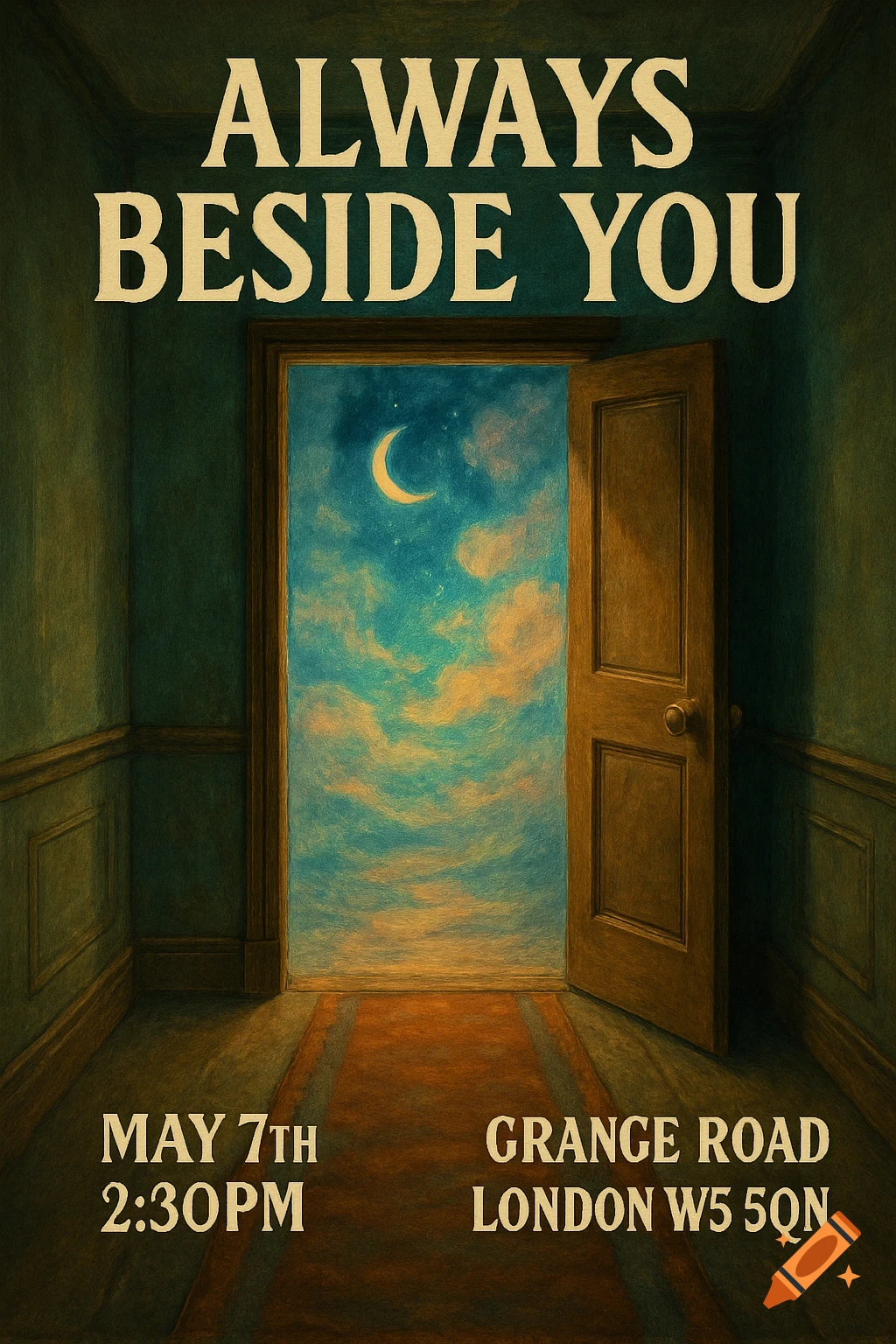 A hallway with an open door revealing a surreal sky scene with clouds and a crescent moon. Text overlaid reads "Always Beside You", "May 7th 2:30PM", and "Grange Road London W5 5QN". The image has a painterly style.