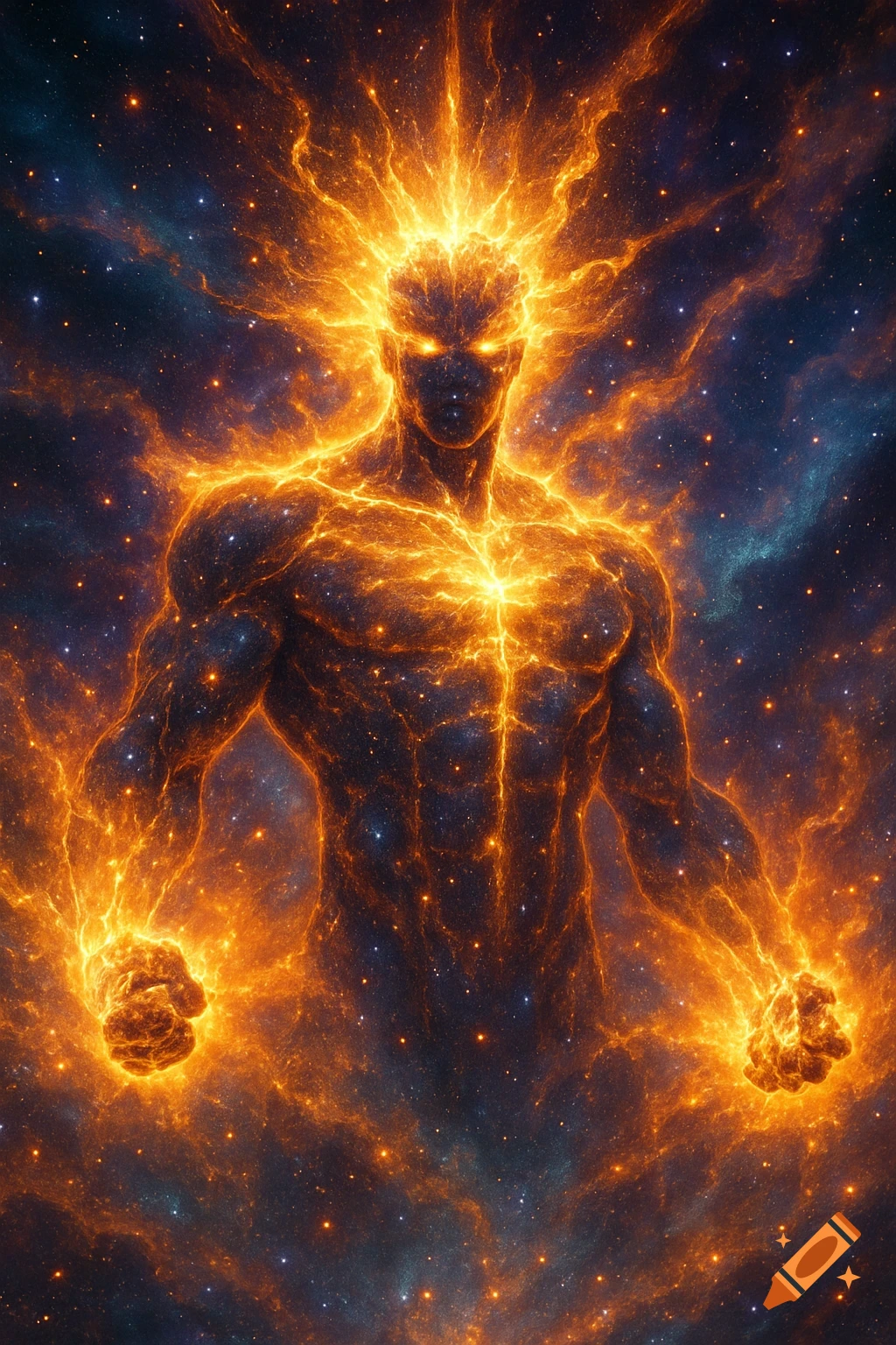 A powerful figure made of glowing fire and stars in a cosmic setting.