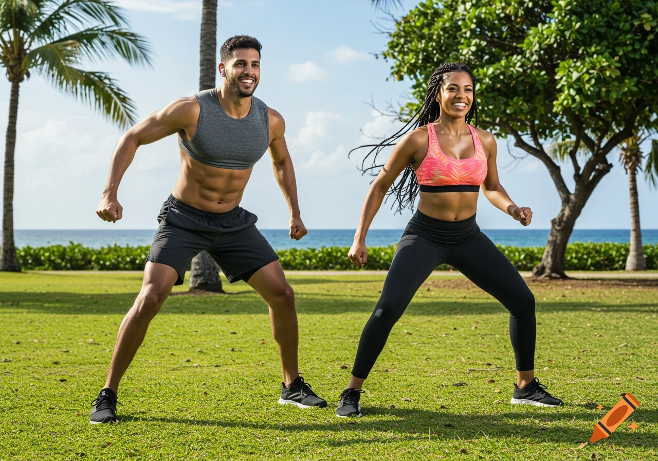 A couple exercises in a park near the beach.