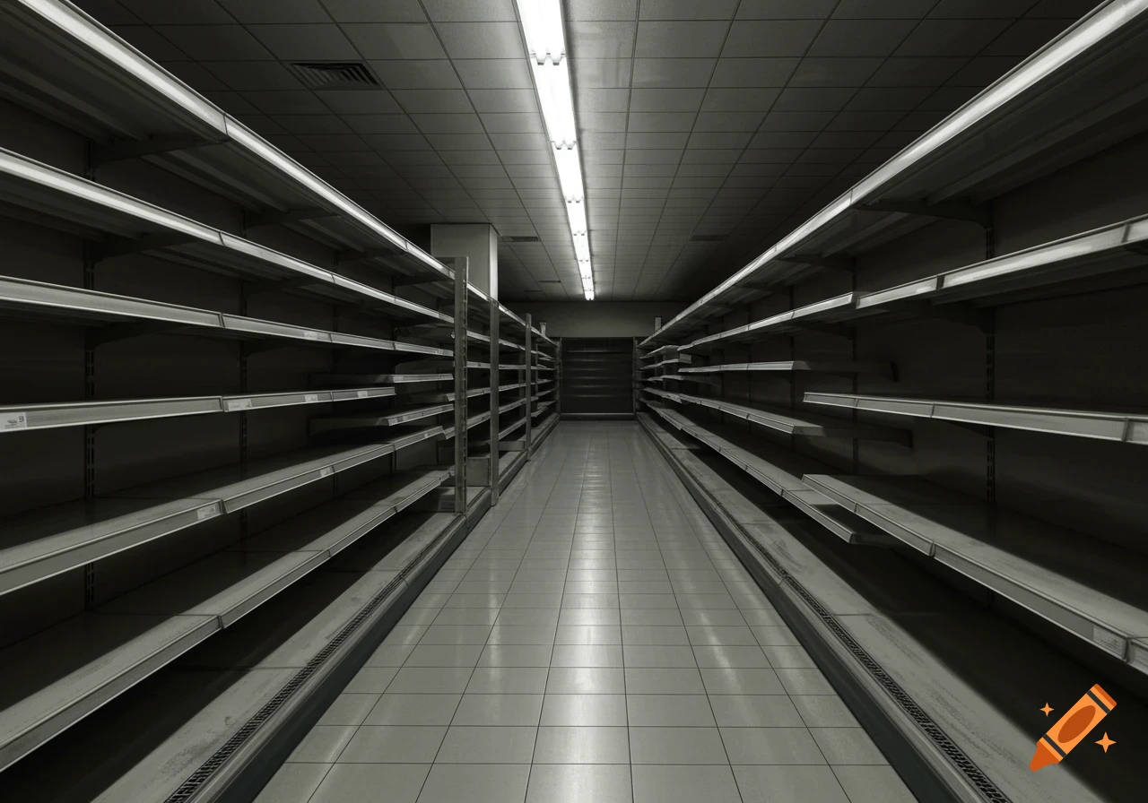 A long view down an empty, dimly lit grocery store aisle with bare metal shelves.