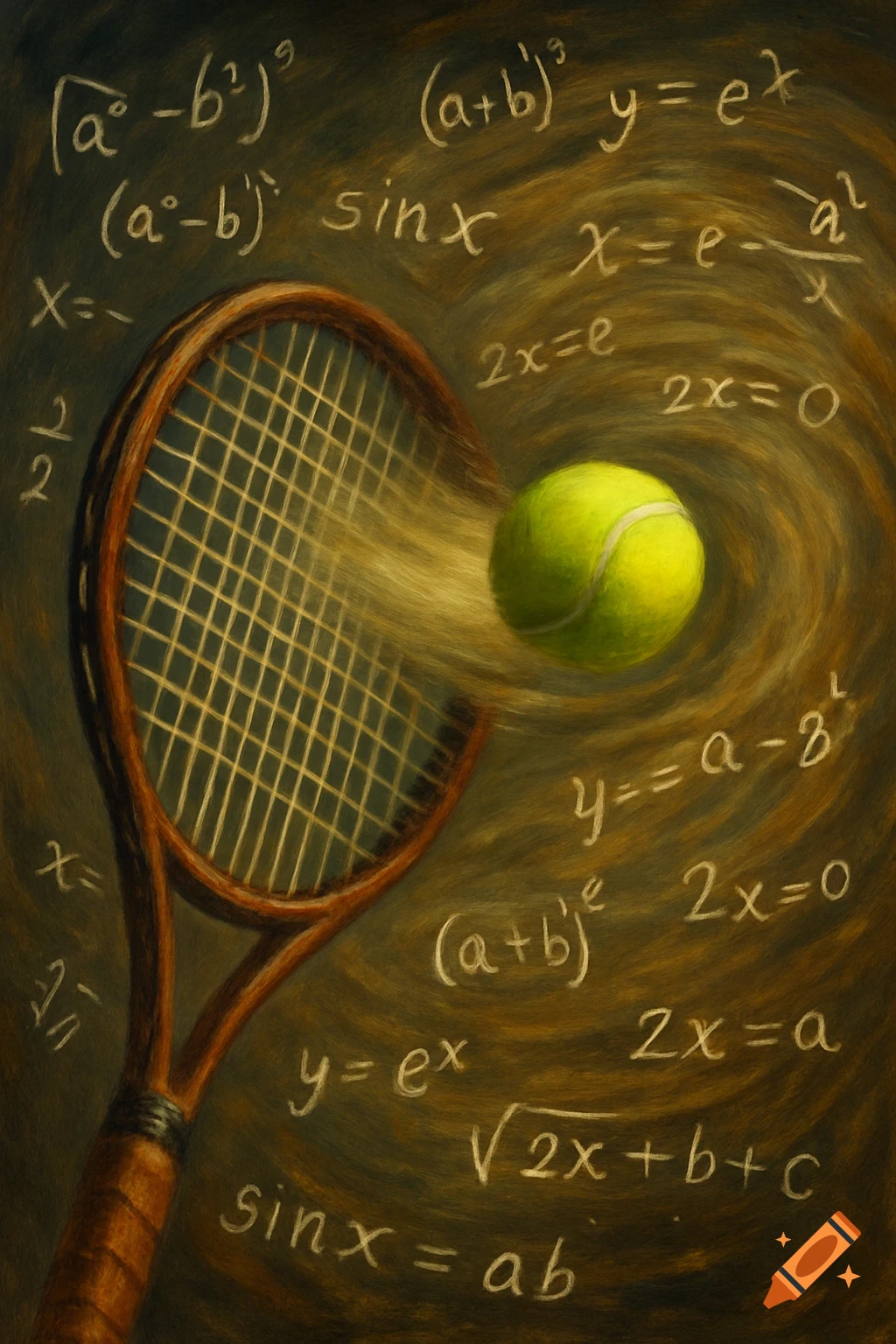 Swirling Math Tennis racket hitting a ball with swirling math equations in a painted ...