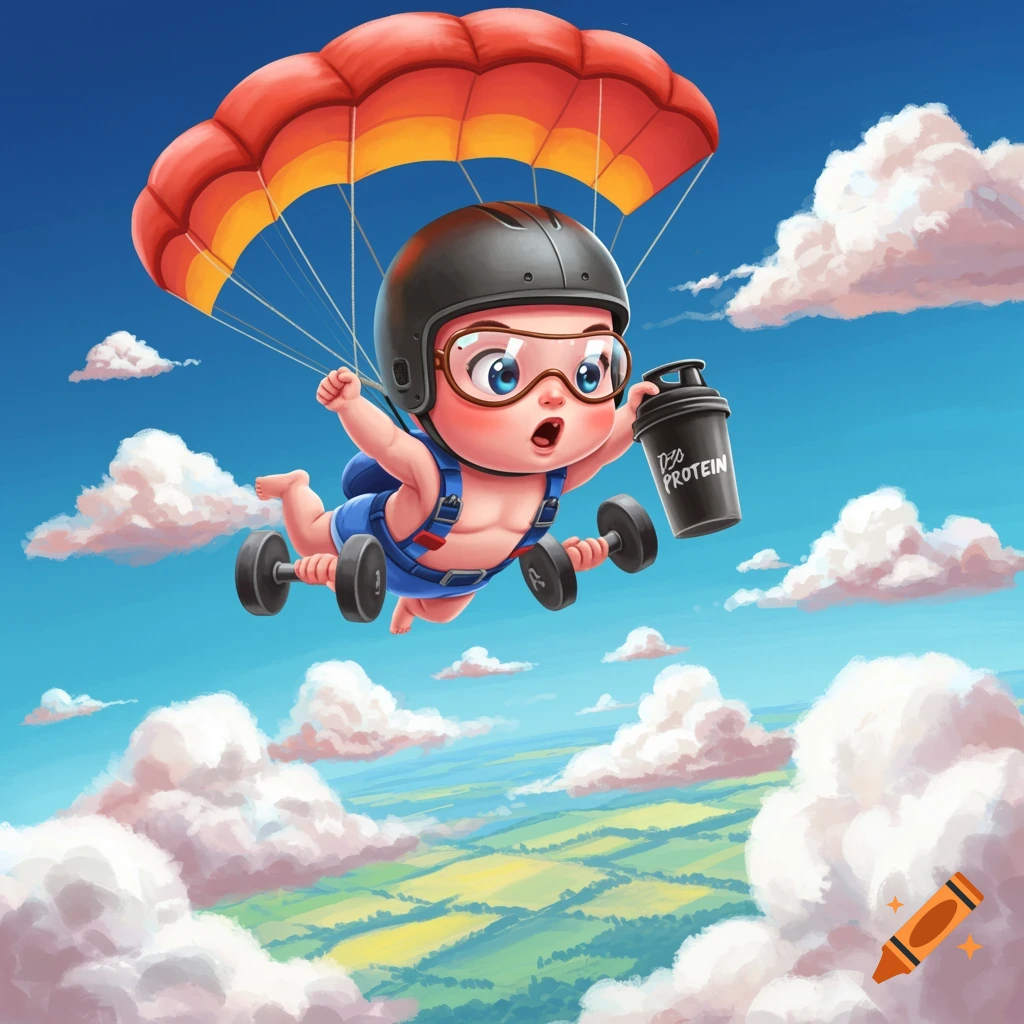 Cartoon baby skydiving with weights and protein shake.