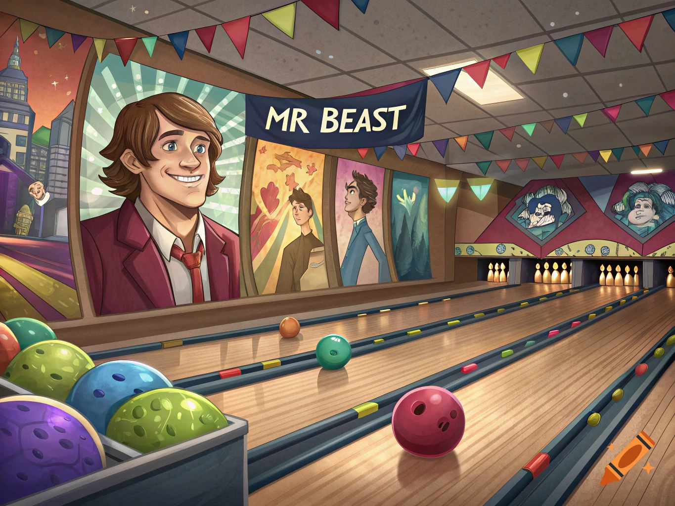 Cartoon illustration of a bowling alley with posters and a banner featuring MrBeast.