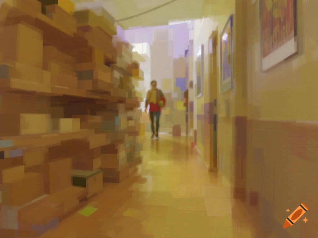 A person walks down a long hallway lined with stacks of boxes and framed posters on the wall, in a blocky, stylized painting.