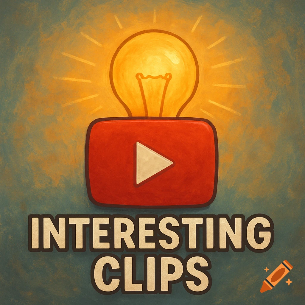Illustration of a lightbulb above a YouTube play button with the text 'INTERESTING CLIPS' in a textured digital art style.