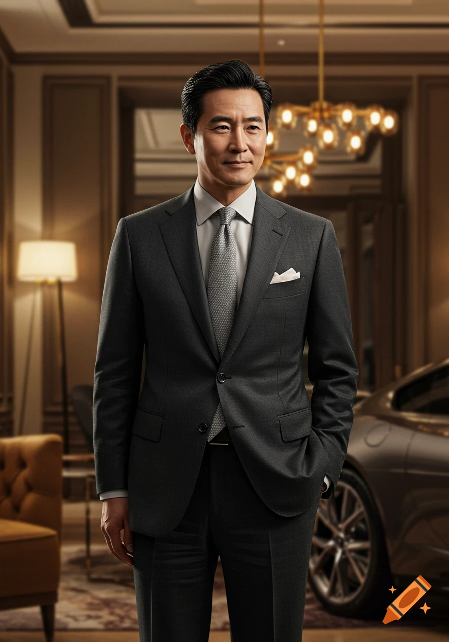 A man in a grey suit stands in a luxurious room with a car.