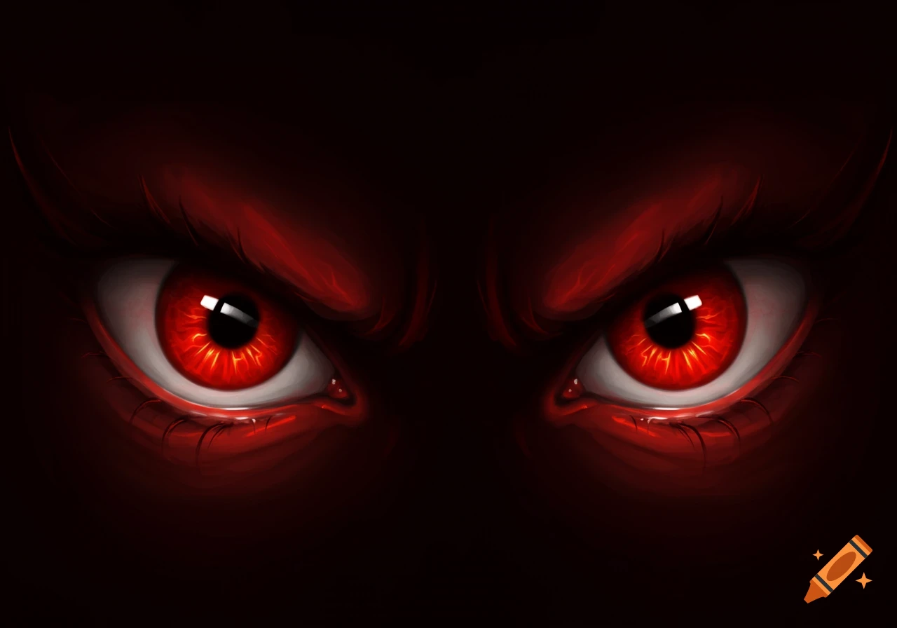 Digital painting of two glowing red eyes on a dark background.