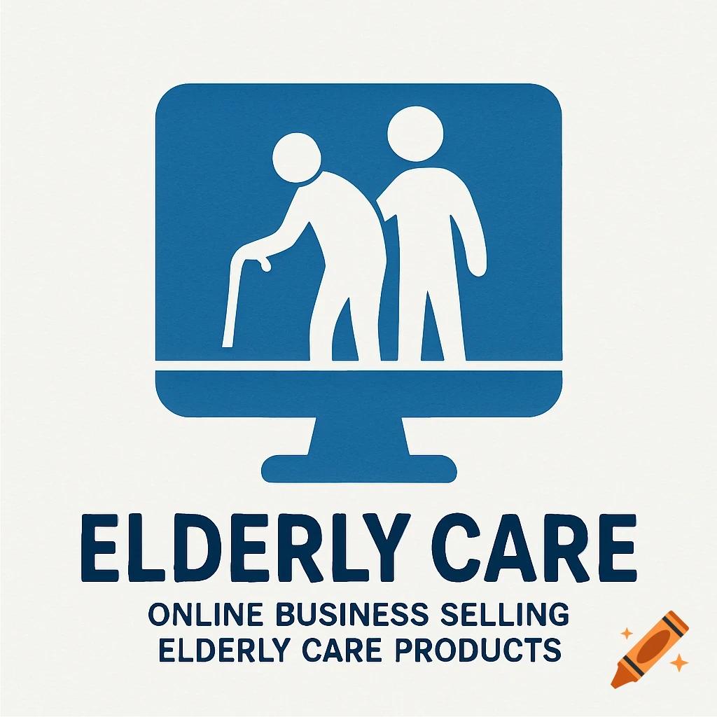 Logo with icon of two people in a monitor and text 'ELDERLY CARE' and 'ONLINE BUSINESS SELLING ELDERLY CARE PRODUCTS'.