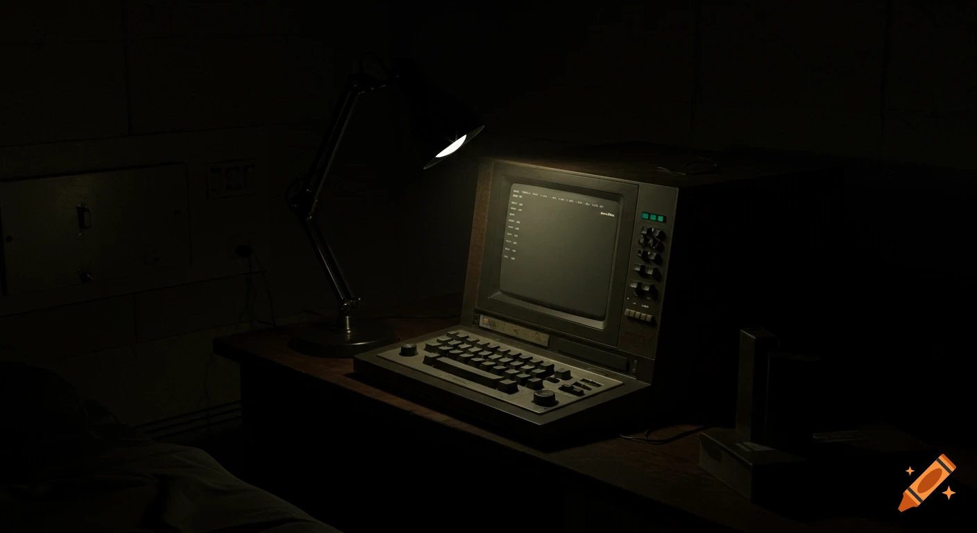 An old computer terminal on a desk in a dark room, lit by a lamp and screen.