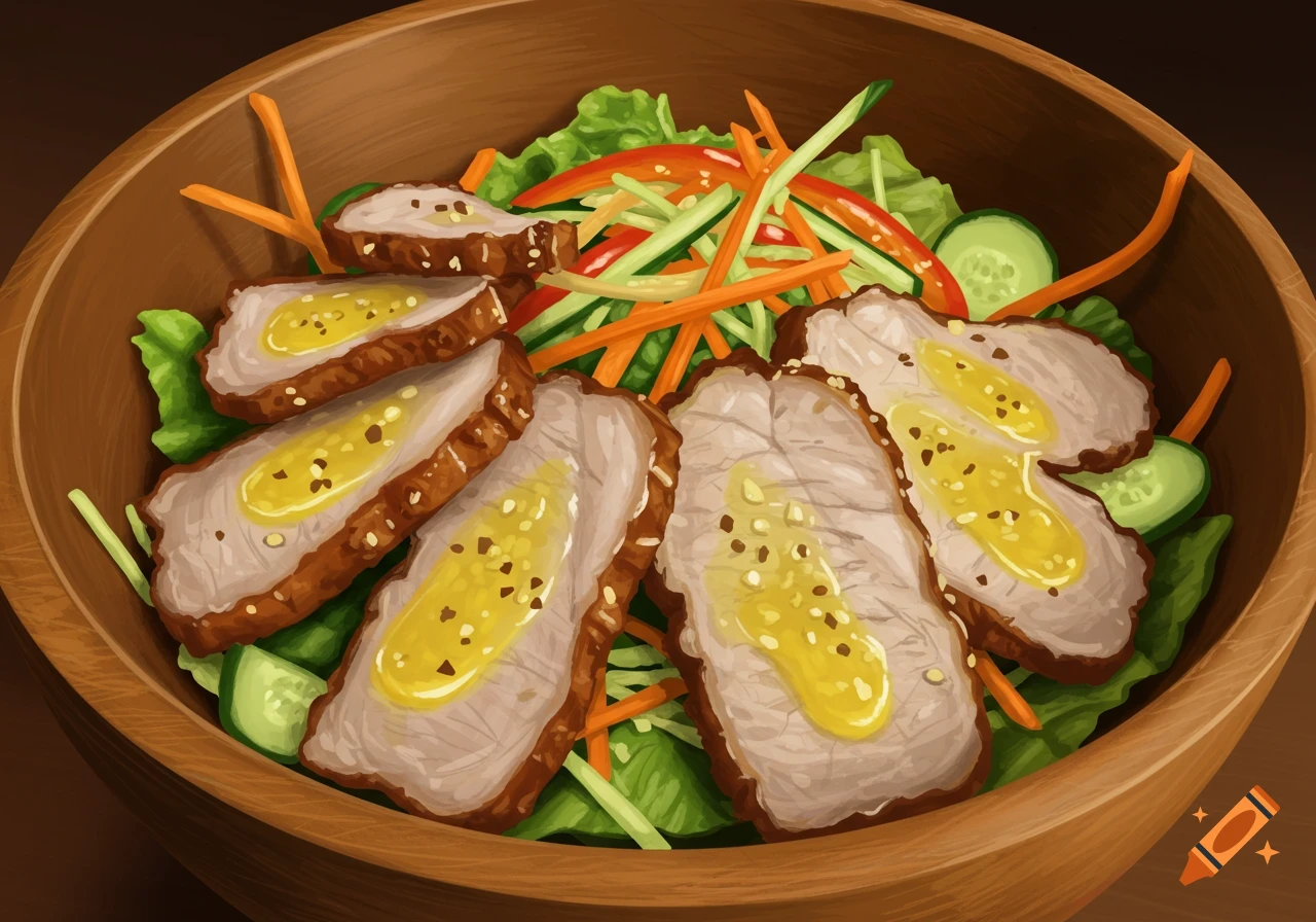 Digital painting of a pork salad in a wooden bowl