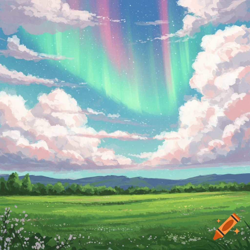 A colorful landscape painting with a green field, trees, mountains, cloudy sky, and a pink and green aurora.
